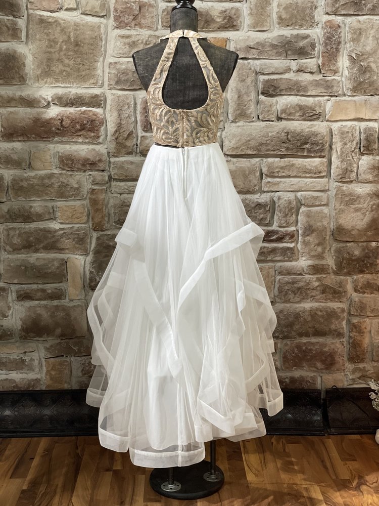 TLC Say Yes to the Prom White and Gold Two Piece Gown