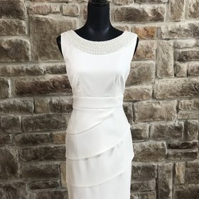 Connected Apparel White Cocktail Dress with Beaded Neckline, Size 10P