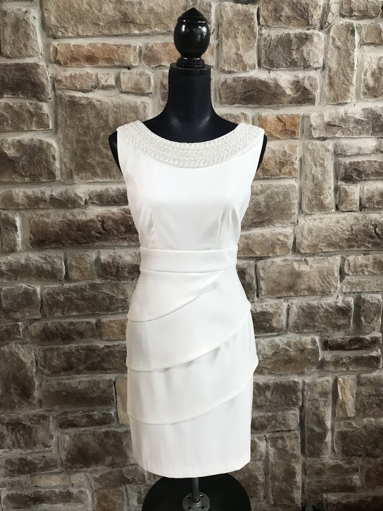 Connected Apparel White Cocktail Dress with Beaded Neckline, Size 10P
