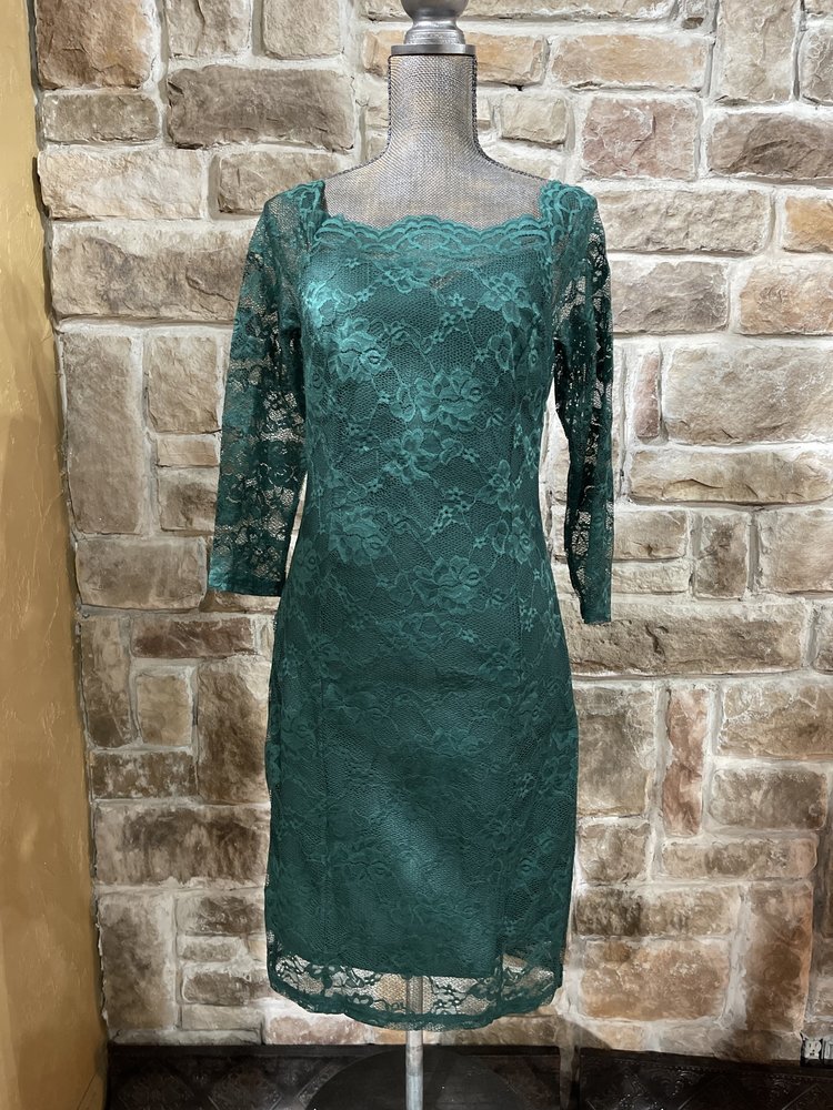 Musol Emerald Green Lace Overlay Dress, Size L