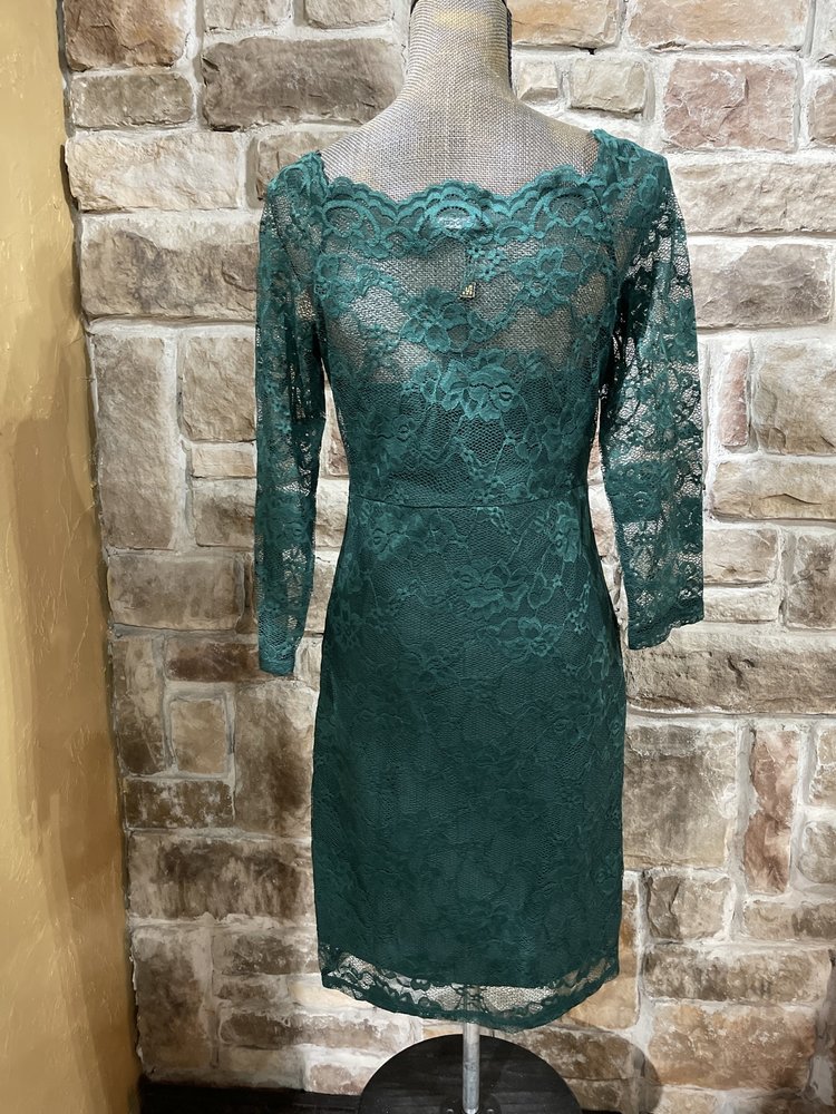 Musol Emerald Green Lace Overlay Dress, Size L