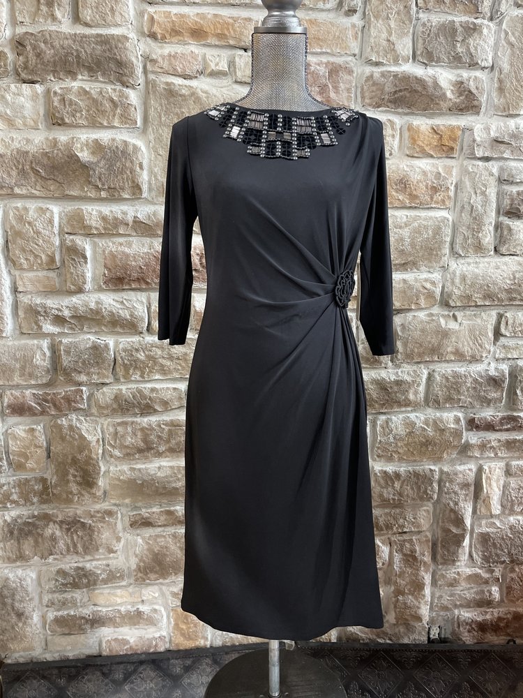 Cathaya Black Dress with Silver Beaded Bib Detail, Size 8