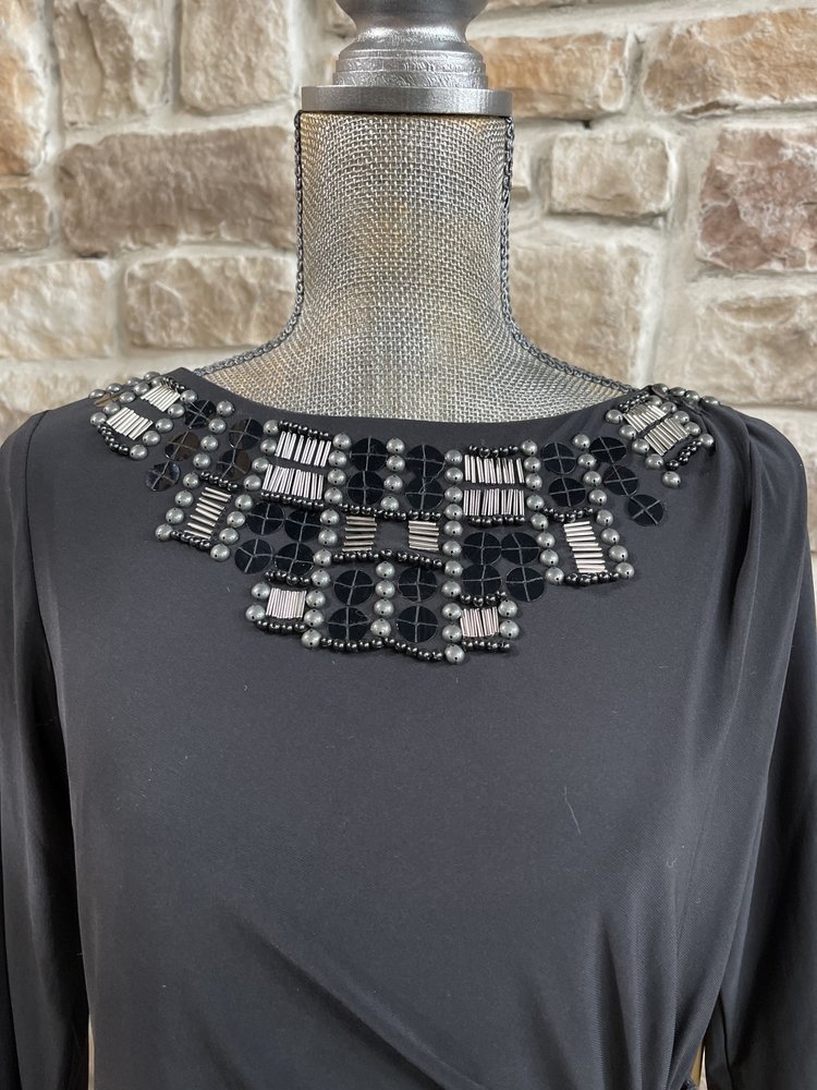 Cathaya Black Dress with Silver Beaded Bib Detail, Size 8