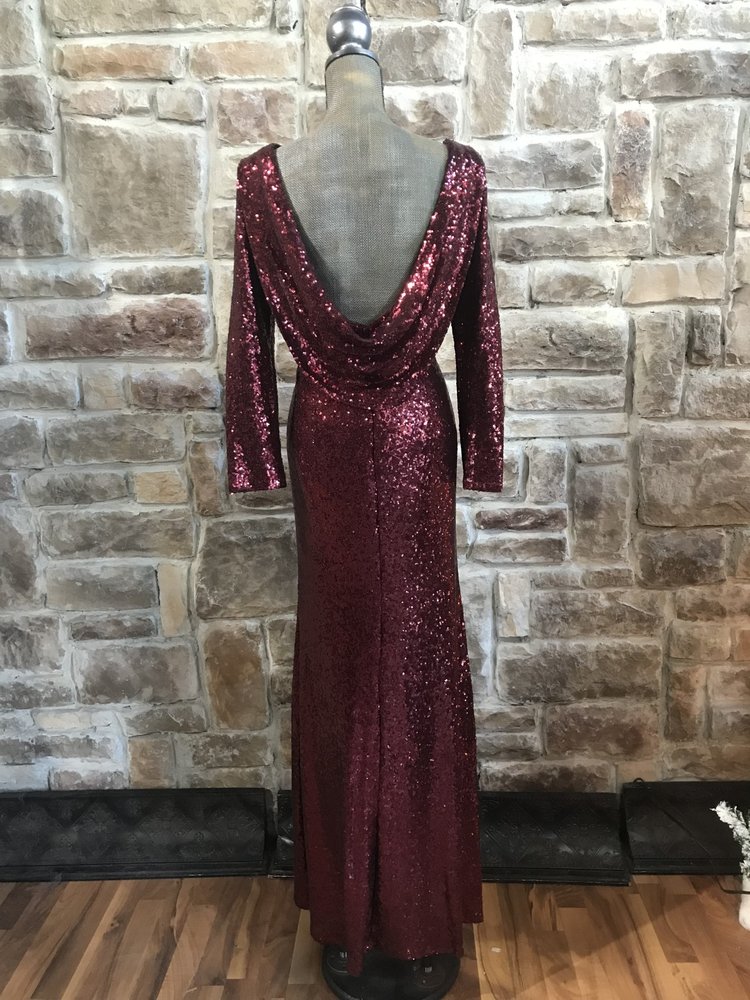 Red Sequin Gown with Low Back and Cowl Detail