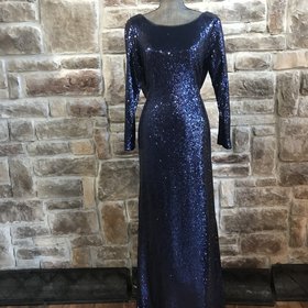 Blue Sequin Gown with Low Back and Cowl Detail, Size 2XL