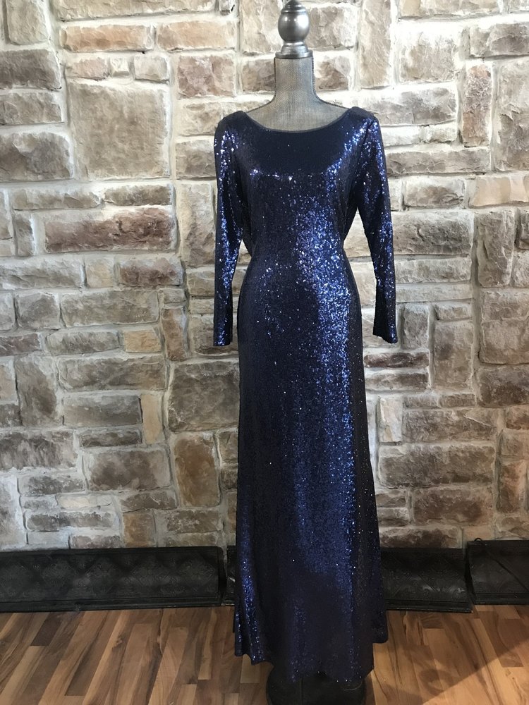 Blue Sequin Gown with Low Back and Cowl Detail, Size 2XL