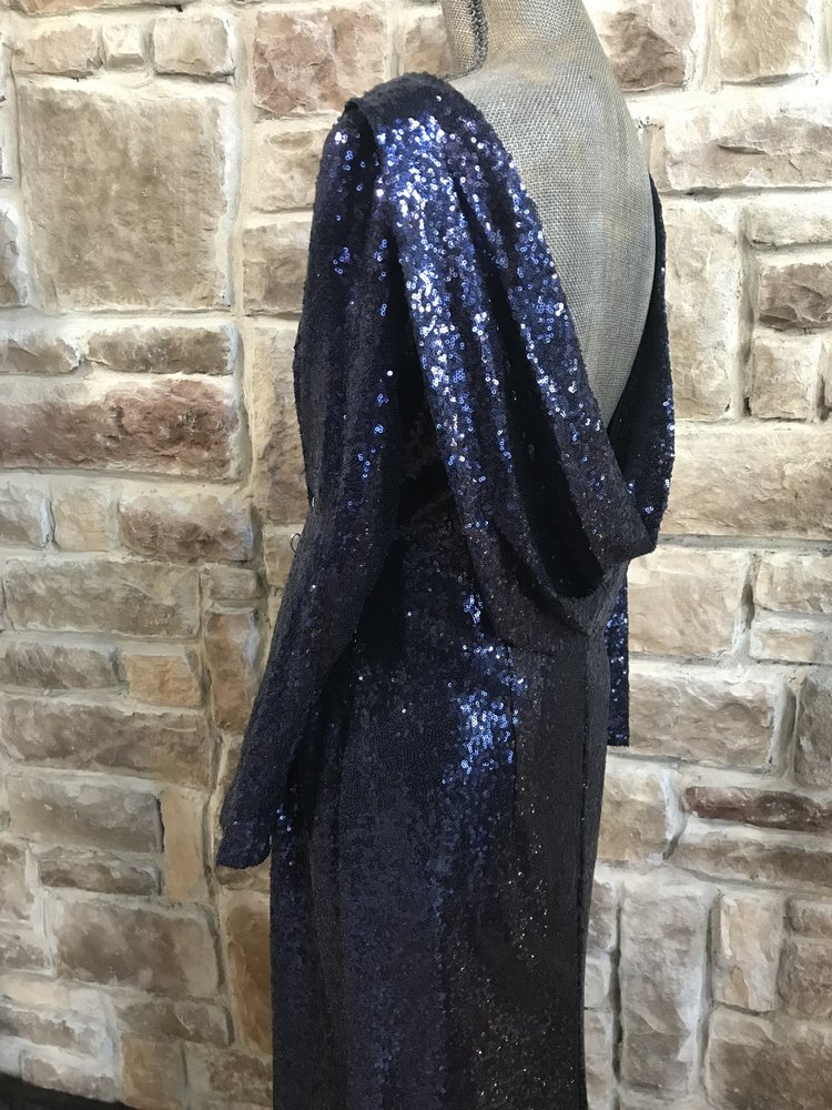 Blue Sequin Gown with Low Back and Cowl Detail, Size 2XL