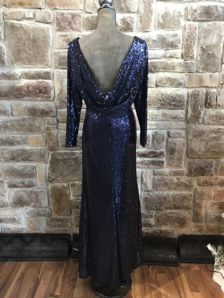 Blue Sequin Gown with Low Back and Cowl Detail, Size 2XL