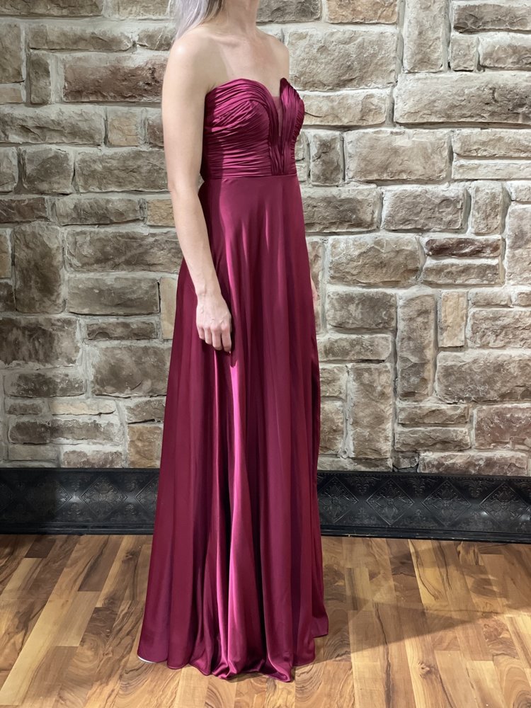 B Darlin Maroon Satin Mesh Insert Strapless Dress