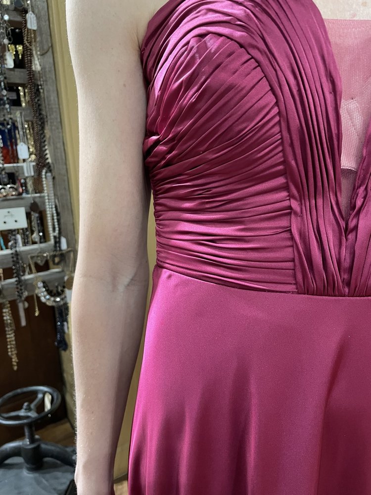 B Darlin Maroon Satin Mesh Insert Strapless Dress