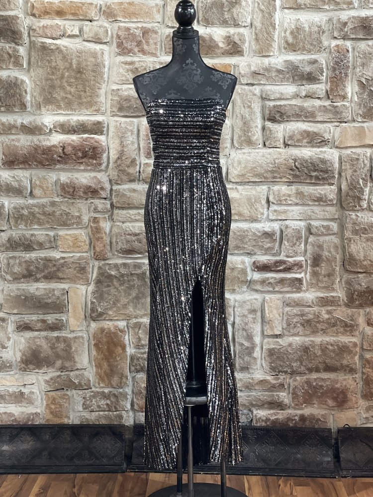 Blondie Nites Black and Silver Sequin Strapless Gown