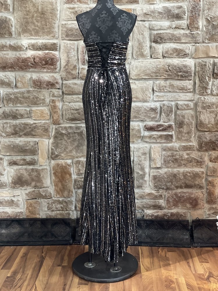 Blondie Nites Black and Silver Sequin Strapless Gown
