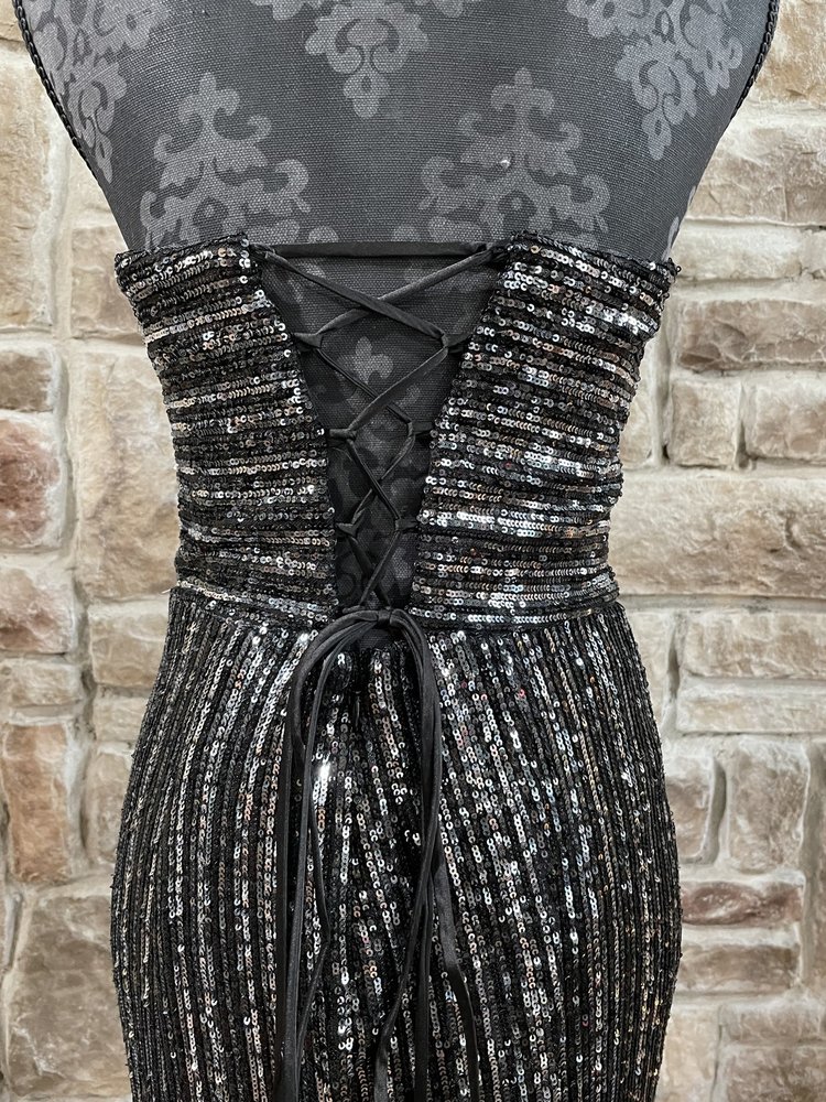 Blondie Nites Black and Silver Sequin Strapless Gown
