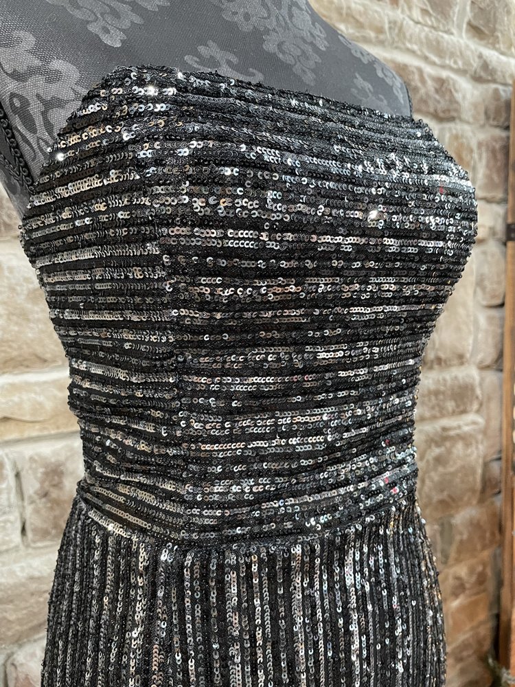 Blondie Nites Black and Silver Sequin Strapless Gown