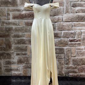 Sequin Hearts Light Yellow Off the Shoulder Satin Gown