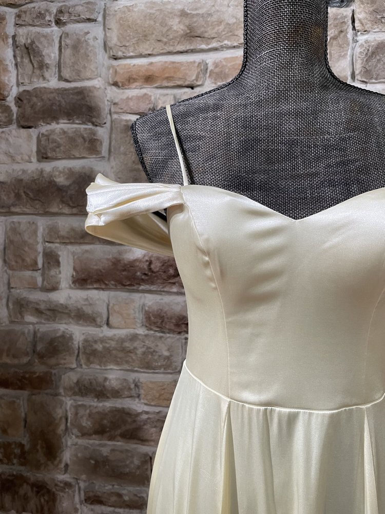 Sequin Hearts Light Yellow Off the Shoulder Satin Gown