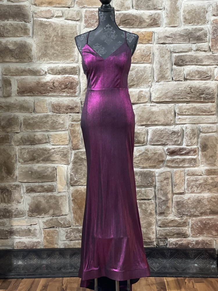Jump Apparel Black and Fuchsia Metallic Ruched Back Gown
