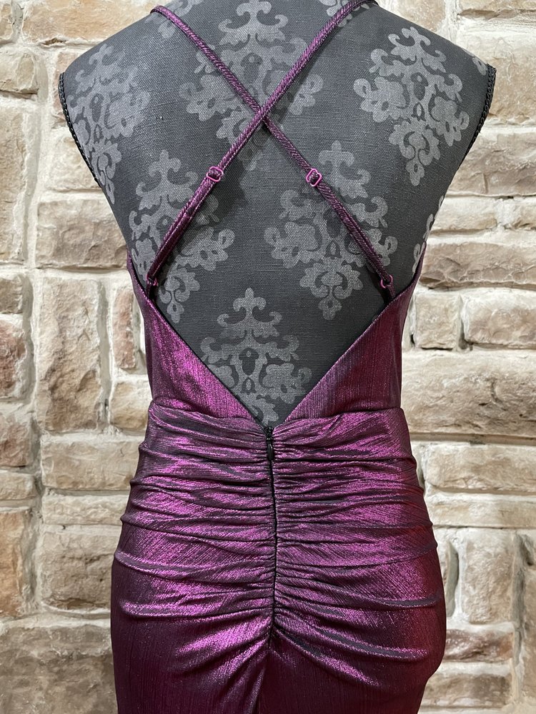 Jump Apparel Black and Fuchsia Metallic Ruched Back Gown
