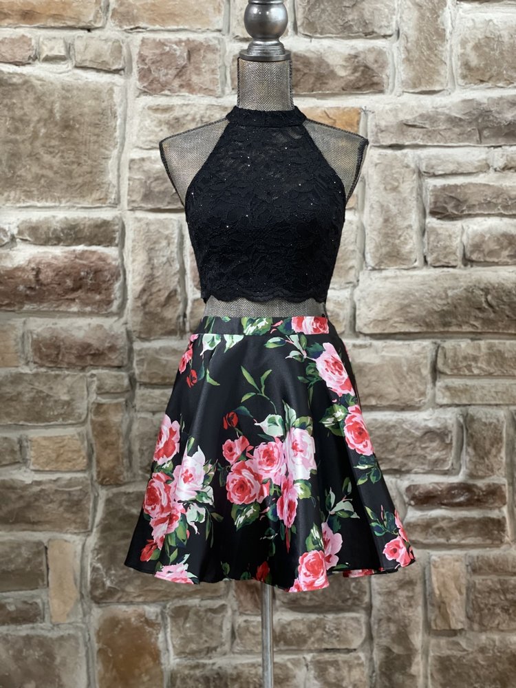 City Studio Floral Black Lace Two Piece Dress