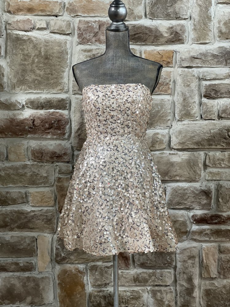 Crystal Doll Champagne Sequined Strapless Dress w/ Pockets