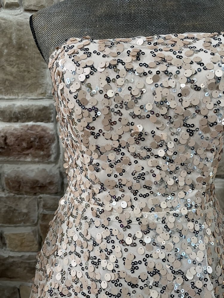 Crystal Doll Champagne Sequined Strapless Dress w/ Pockets