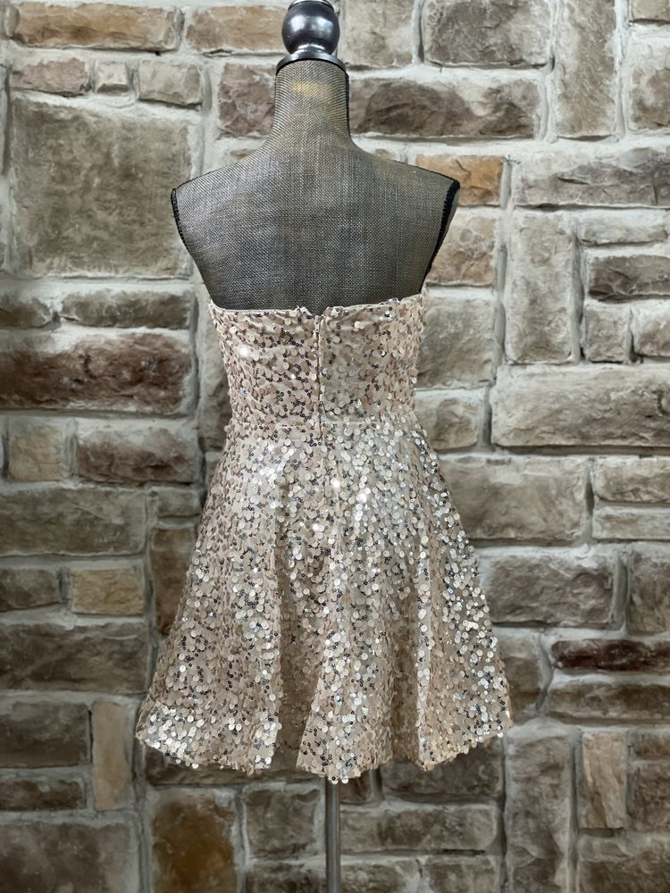 Crystal Doll Champagne Sequined Strapless Dress w/ Pockets