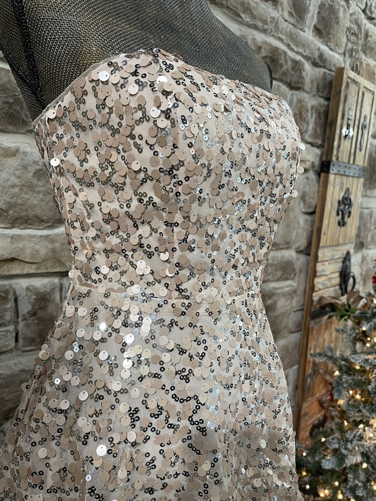 Crystal Doll Champagne Sequined Strapless Dress w/ Pockets