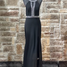 City Studio Black Silver Glitter Trim Halter Gown