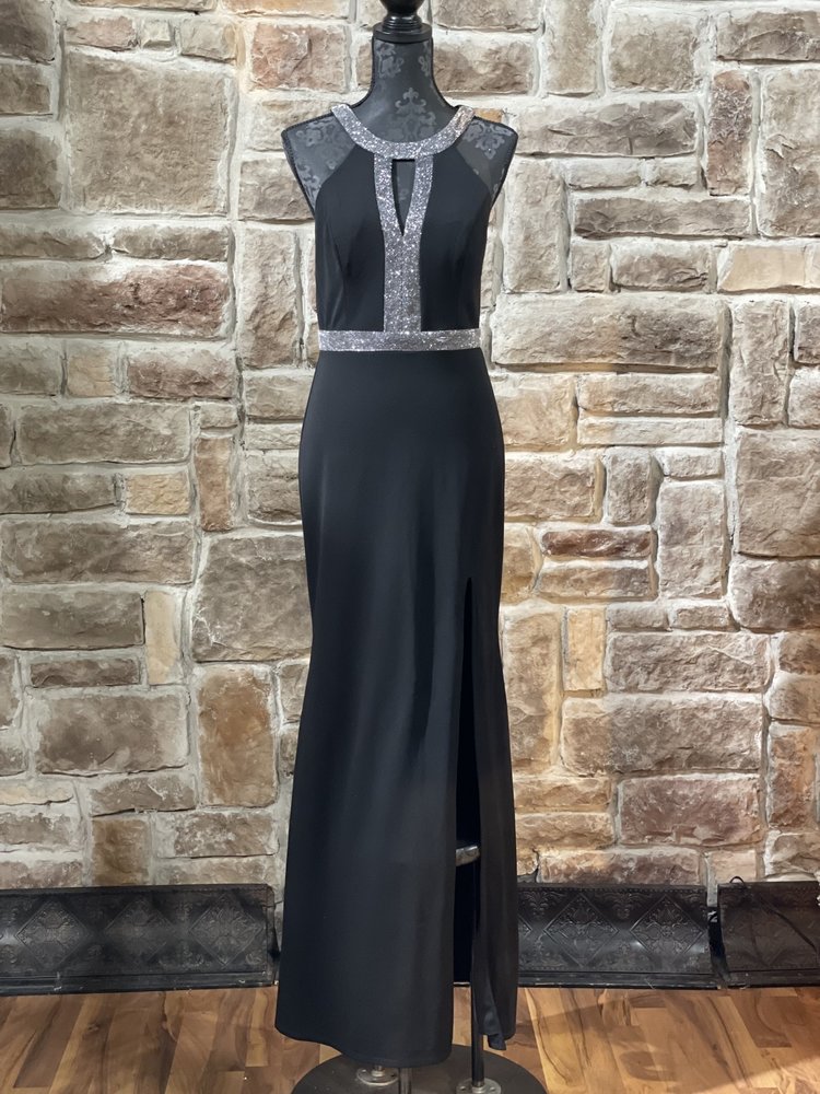 City Studio Black Silver Glitter Trim Halter Gown