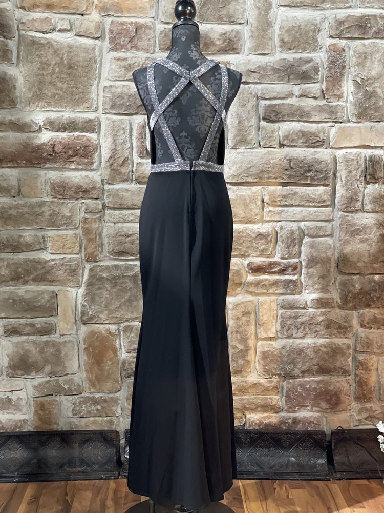 City Studio Black Silver Glitter Trim Halter Gown