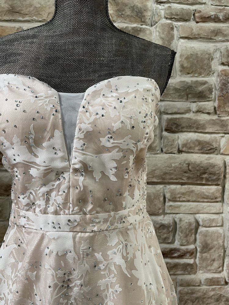 TLC Say Yes to the Prom White Overlay Mesh Insert Strapless Gown