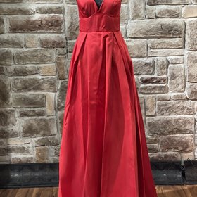 B Darlin Red Halter Box Pleat Gown w/ Pockets