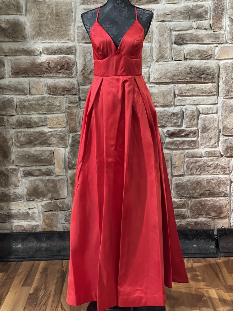 B Darlin Red Halter Box Pleat Gown w/ Pockets