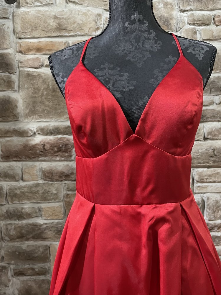 B Darlin Red Halter Box Pleat Gown w/ Pockets