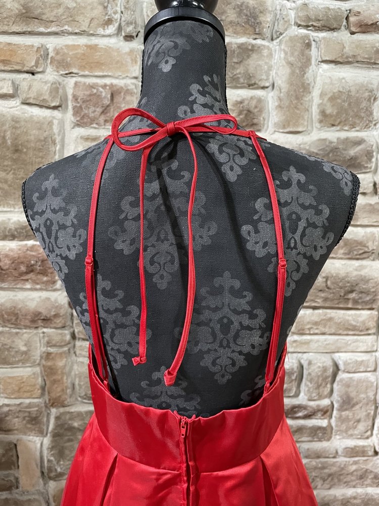 B Darlin Red Halter Box Pleat Gown w/ Pockets