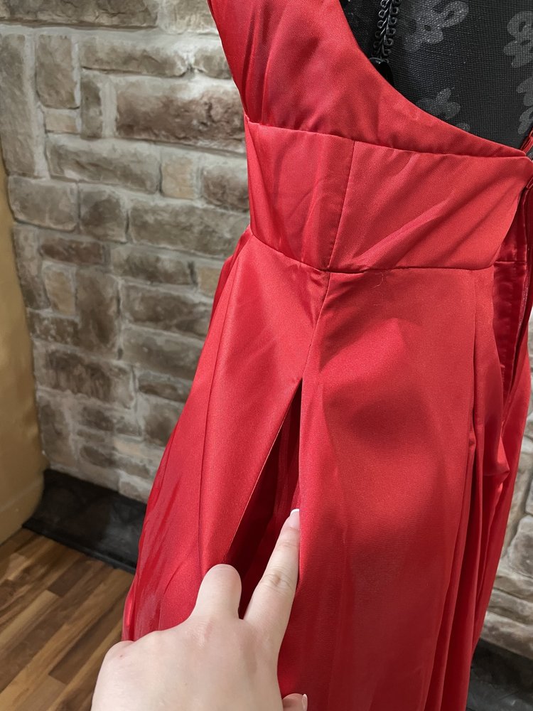 B Darlin Red Halter Box Pleat Gown w/ Pockets