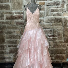 Precious Formals Pink and Gold Embroidered Organza Layered Gown, Size 18