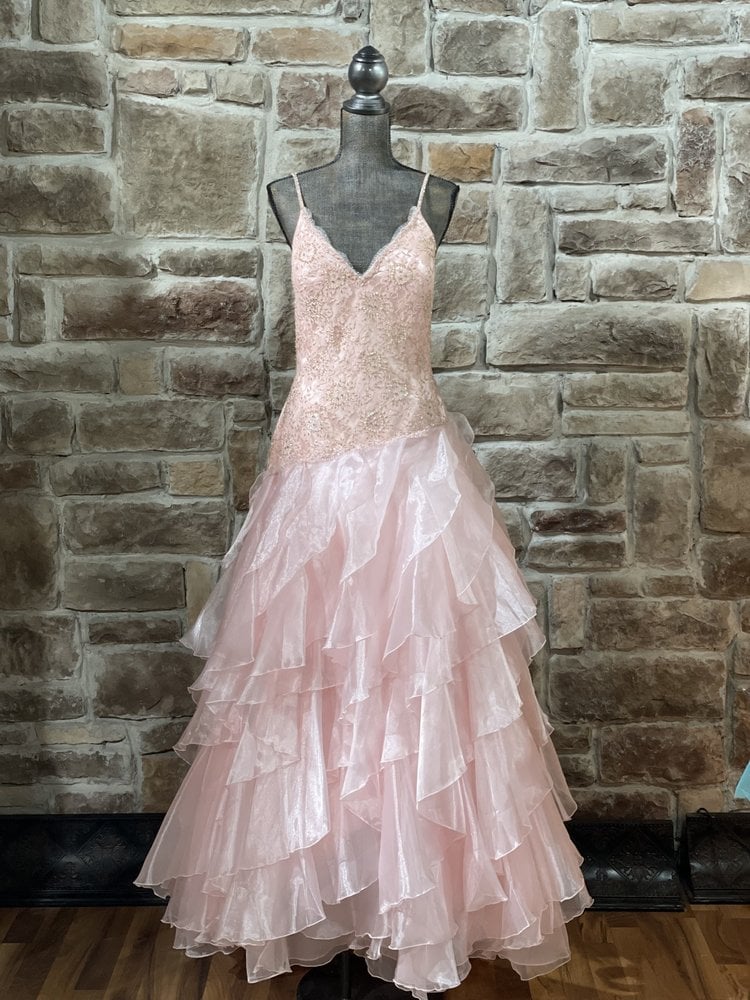 Precious Formals Pink and Gold Embroidered Organza Layered Gown, Size 18