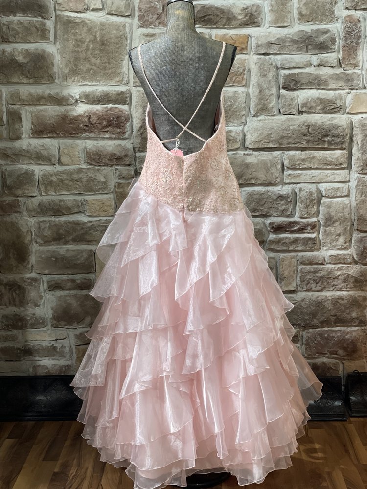 Precious Formals Pink and Gold Embroidered Organza Layered Gown, Size 18