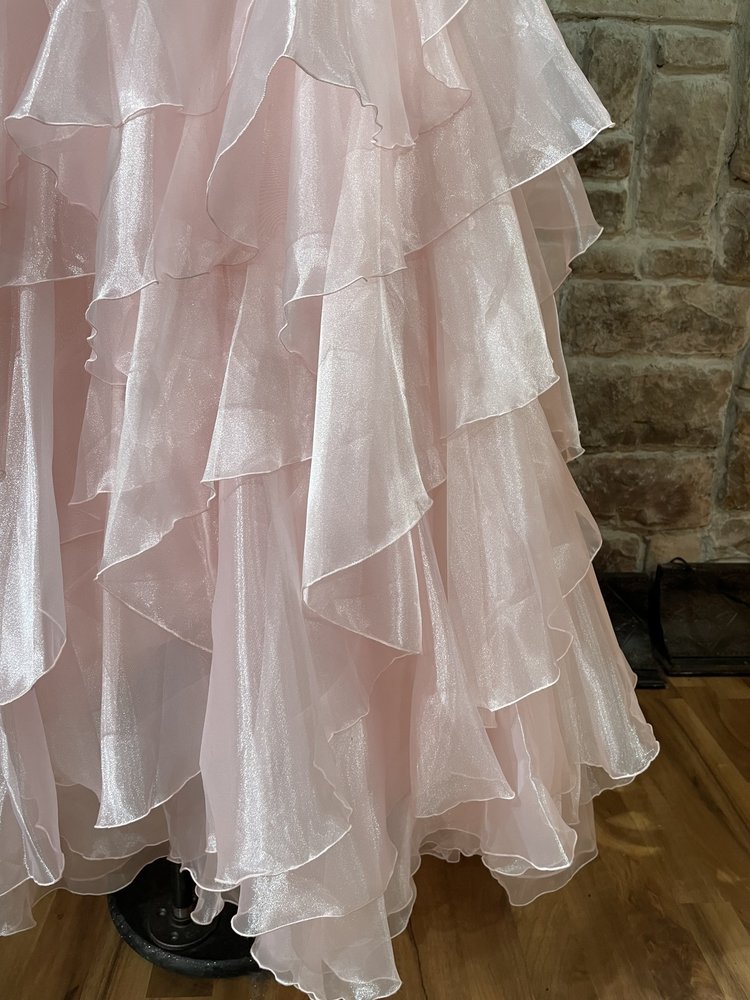 Precious Formals Pink and Gold Embroidered Organza Layered Gown, Size 18