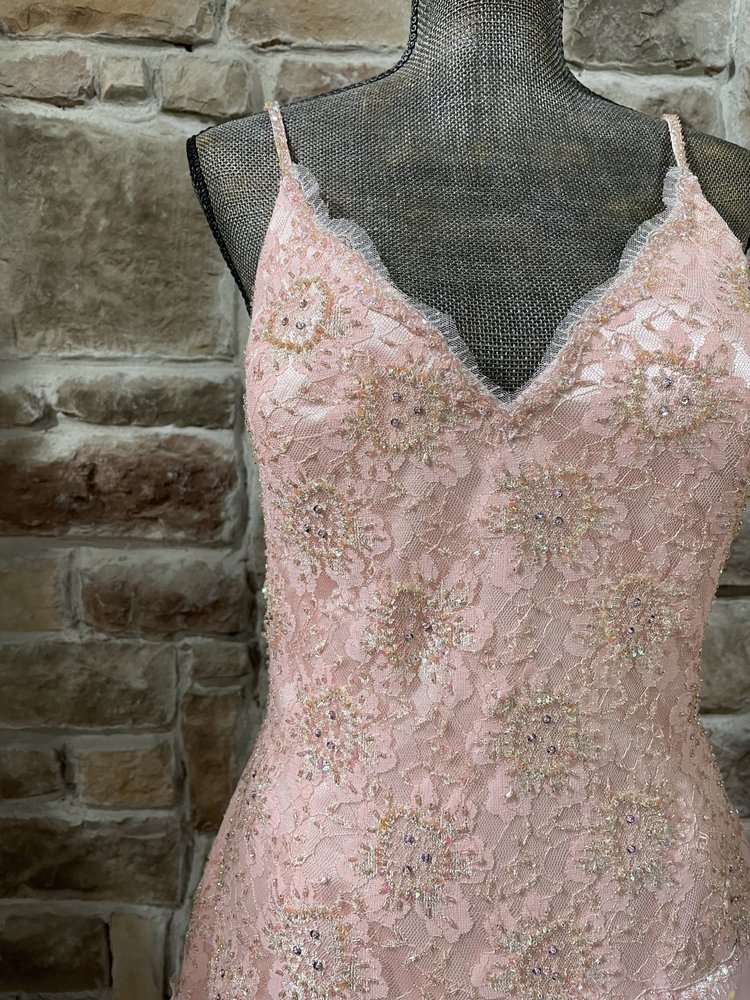Precious Formals Pink and Gold Embroidered Organza Layered Gown, Size 18