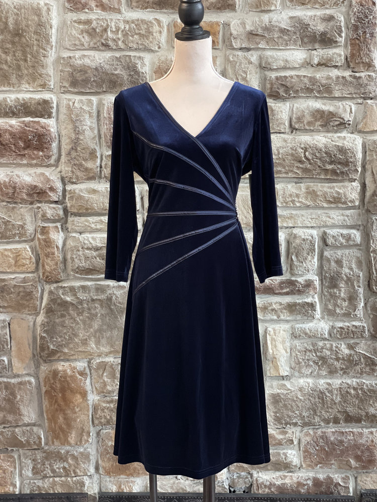 Connected Apparel Navy Blue Ruched Velvet Dress