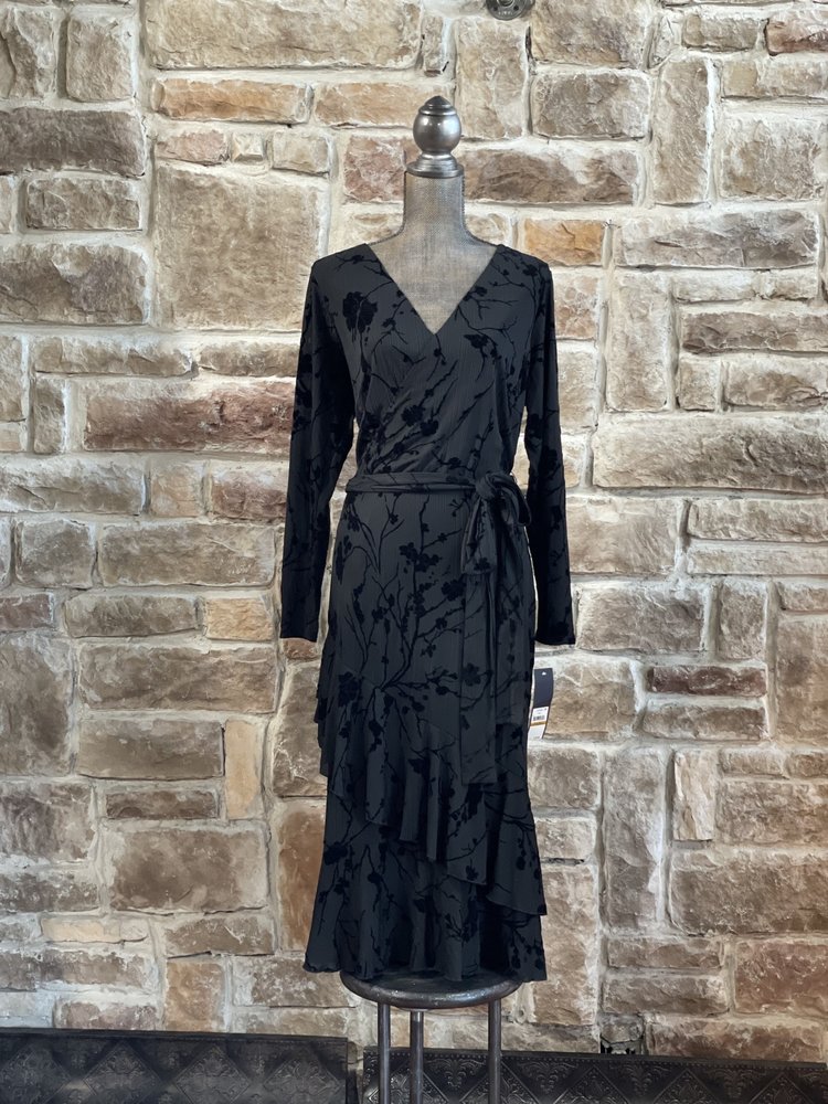 Rachel Zoe Black Velvet Faux Wrap Floral Print Dress, Size 16W