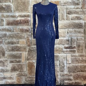 Morgan & Co. Navy Long Sleeve Metallic Foil Gown