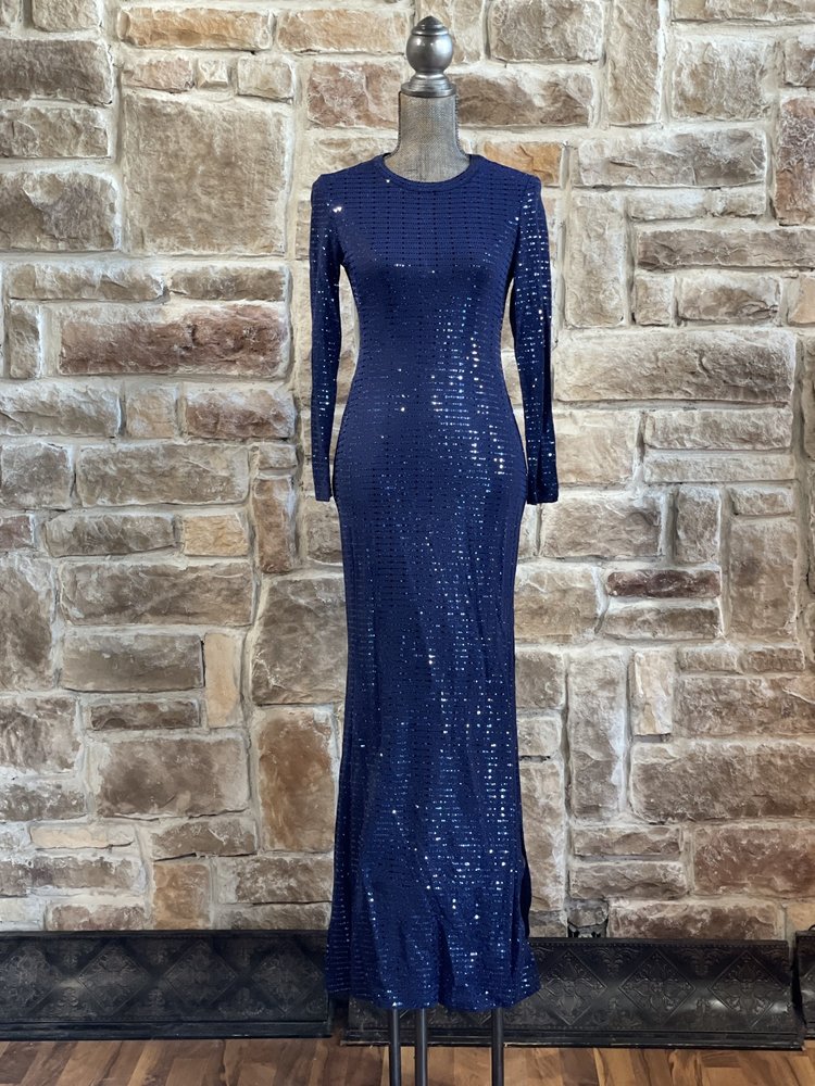 Morgan & Co. Navy Long Sleeve Metallic Foil Gown