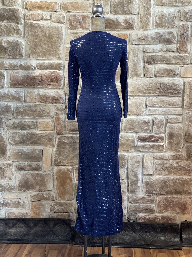 Morgan & Co. Navy Long Sleeve Metallic Foil Gown