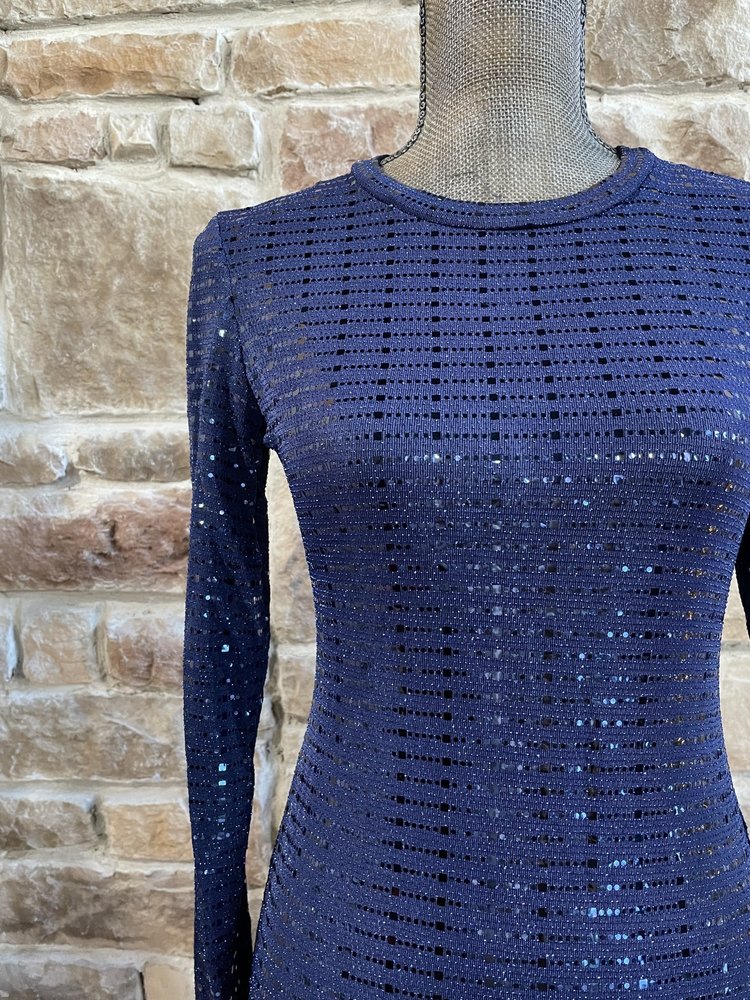 Morgan & Co. Navy Long Sleeve Metallic Foil Gown