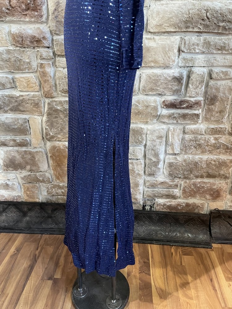 Morgan & Co. Navy Long Sleeve Metallic Foil Gown