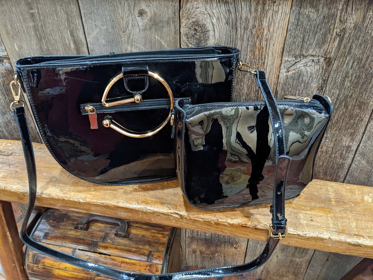 Midnight Black Faux Patent Leather 2-in-1 Bag