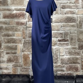 Betsy & Adam Navy Flutter Sleeve Side Ruched Gown, Size 18W